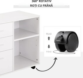 HOMCOM Mobilier Multifuncțional pentru Imprimantă cu 3 Sertare, Birou pe Roti, 80x40x65cm, Spațiu de Depozitare, Alb | Aosom Romania