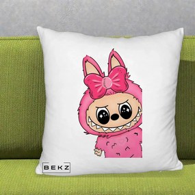Perna Personalizata Labubu Roz cu Funda, 40x40 cm, Alb Pufos, Husa Detasabila, Perna Inclusa, BEKZ®