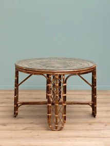Set dining din ratan împletit manual, maro, masă rotundă cu blat din sticlă și 4 scaune, perne din catifea muștar, aspect vintage, 76 x 109 cm,