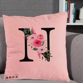 Cadou Personalizat - Perna Personalizata Monograma Florala Litera N, 40x40 cm, Roz, Husa Detasabila, Perna Inclusa, BEKZ®