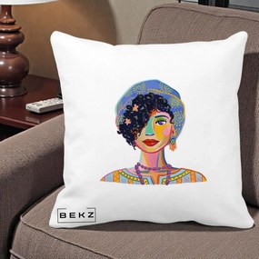 Perna Decorativa Portret Femeie Etnic Colorat, 40x40 cm, Alba Mata, Husa Detasabila, Perna Inclusa, BEKZ®