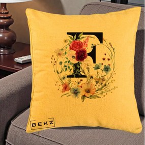 Cadou Personalizat - Perna Personalizata Monogram Litera F cu Flori Acuarela, 40x40 cm, Galben, Husa Detasabila, Perna Inclusa, BEKZ®