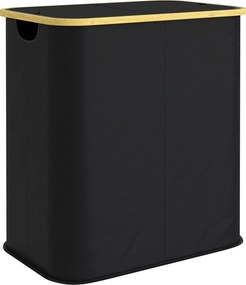 HOMCOM Coș pentru Rufe de 80L cu 2 Secțiuni și Capac din Material Textil și Bambus, 54x34x58,5 cm, Negru | Aosom Romania