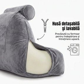 Perna pentru citit cu brate, spuma cu memorie maruntita, husa catifea lavabila, Gri