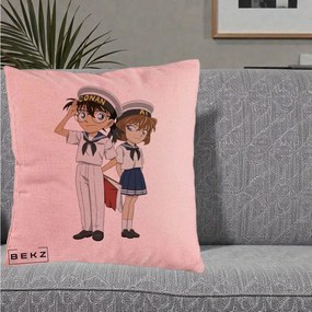 Perna Personalizata Detective Conan Conan si Ai Sailor, 40x40 cm, Roz, Husa Detasabila, Perna Inclusa, BEKZ®