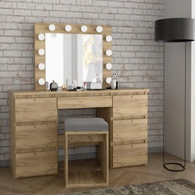 SEM508 - Set Masa toaleta, 120 cm, cosmetica machiaj, masuta vanity, oglinda cu LED-uri cu sau fără Priza, cu sau fără Scaun - Culoarea Stejar