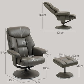 HOMCOM Fotoliu de Relaxare cu Taburet, Spătar Reglabil, Piele ecologică, până la 150 kg, Gri | Aosom Romania