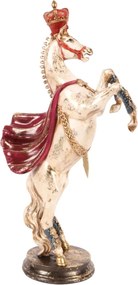 Statuetă decorativă din polirășină, crem și roșu, cal cabrat cu coroană și mantie roșie, finisaj antichizat, 40 x 22 x 11 cm, „Majesté”