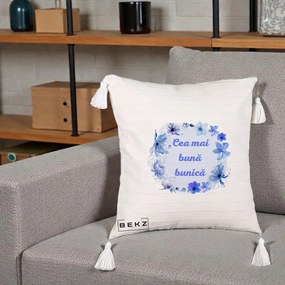 Cadou pentru Bunica - Perna Personalizata Cea Mai Buna Bunica Coronita Flori Albastre Acuarela, 40x40 cm, Bej cu Franjuri, Husa Detasabila, Perna Inclusa, BEKZ®