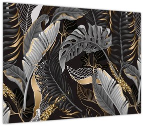 Tablou pe sticlă - Frunze tropicale, Galben - auriu (70x50 cm)