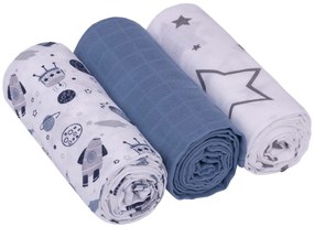 Baby Nellys Scutece de muselina 3ks Lux - Cosmos, 70 x 80 cm, albastru, alb