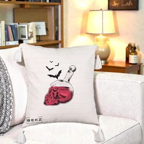 Perna Decorativa Halloween Craniu-Sticla cu Lilieci, 40x40 cm, Bej cu Franjuri, Husa Detasabila, Perna Inclusa, BEKZ®