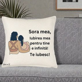 Cadou pentru Sora - Perna Personalizata Sora Mea Te Iubesc Doua Fete Fashioniste Line Art, 40x40 cm, Crem Reliefat, Husa Detasabila, Perna Inclusa, BEKZ®