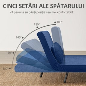 HOMCOM Canapea Pat de 2 Locuri cu Spătar Reglabil pe 5 Nivele și 2 Perne din Material Capitonat, 102x73x81 cm, Albastru | Aosom Romania