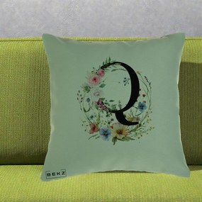 Cadou Personalizat - Perna Personalizata Monogram Litera Q cu Flori Acuarela, 40x40 cm, Verde, Husa Detasabila, Perna Inclusa, BEKZ®