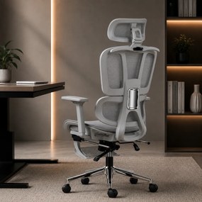 AERION – Scaun ergonomic, spătar ergonomic segmentat, suport lombar 3D, tetieră reglabilă, cotiere 3D, suport pentru picioare, înclinare până la 145°, bază metalică, Mesh, Gri