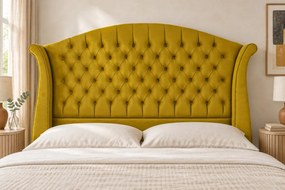 Pat tapițat Chesterfield din catifea Sorella Simple 140×200 cm, galben muștar, cu ladă de depozitare