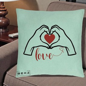 Perna Decorativa Love Maini Inima cu Inscriptie Love Rosu, 40x40 cm, Verde Menta, Husa Detasabila, Perna Inclusa, BEKZ®
