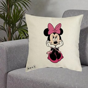 Perna Personalizata Minnie Mouse cu Fundita, 40x40 cm, Ecru, Husa Detasabila, Perna Inclusa, BEKZ®