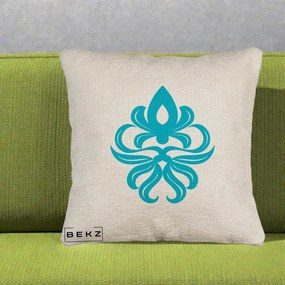 Perna Decorativa Ornament Turcoaz Fleur de Lis, 40x40 cm, Bej Canapea, Husa Detasabila, Perna Inclusa, BEKZ®