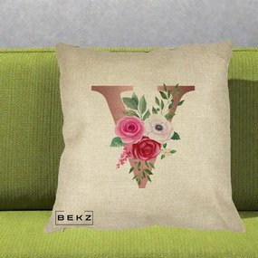 Cadou Personalizat - Perna Personalizata Monograma Rose Gold Litera V, 40x40 cm, Crem, Husa Detasabila, Perna Inclusa, BEKZ®