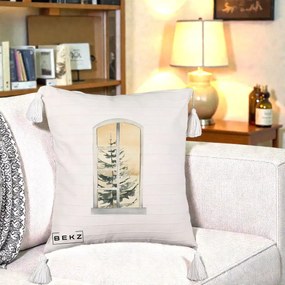 Perna Decorativa Fereastra cu Brad de Iarna, 40x40 cm, Bej cu Franjuri, Husa Detasabila, Perna Inclusa, BEKZ®