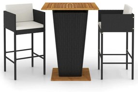 Set mobilier bar de gradina cu perne, 3 piese, negru, poliratan Negru, 80 x 80 x 110 cm, 3