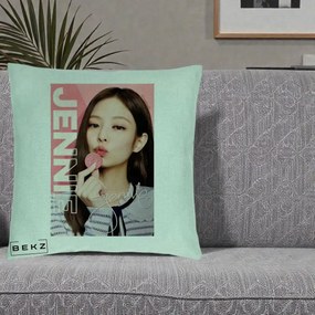 Perna Personalizata K-pop BLACKPINK Jennie cu Semnatura si Fond Roz, 40x40 cm, Verde Menta, Husa Detasabila, Perna Inclusa, BEKZ®