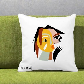 Perna Decorativa Portret Abstract Galben-Ocru, 40x40 cm, Alba Mata, Husa Detasabila, Perna Inclusa, BEKZ®
