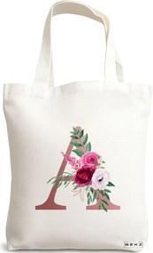 Sacosa de Panza pentru Cumparaturi, Geanta Tote, Cu litera A Rose Gold si Trandafiri, 38x34.5 cm, Alba, BEKZ®