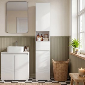 HOMCOM Dulap Baie Înalt, Economisire Spațiu, cu Sertar, Alb Lucios | Aosom Romania