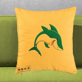 Perna Decorativa Rechin Albastru Cartoon, 40x40 cm, Galben, Husa Detasabila, Perna Inclusa, BEKZ®