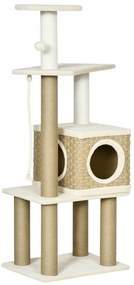 PawHut Arbore pentru pisici zgârduie sisal natural cuib platforme joc bile suspendate pluș scurt înălțime 128 cm bej | Aosom Romania