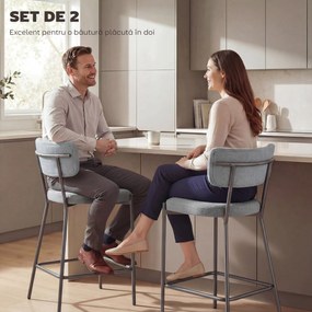 HOMCOM Set de 2 Scaune de Bar cu Spătar și Tapițate, Scaune Înalte din Material Textil cu Bară pentru Sprijinirea Picioarelor și Structură Metalică, Ușor de Asamblat, Gri Deschis | Aosom Romania