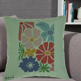 Perna Decorativa Flori Grafice Roz-Rosu-Albastru, 40x40 cm, Verde, Husa Detasabila, Perna Inclusa, BEKZ®