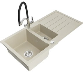 Mexen Andres Chiuvetă de granit de 1,5 compartiment cu picurător și baterie de bucătărie Duo, Bej - 6515-69-671701-07