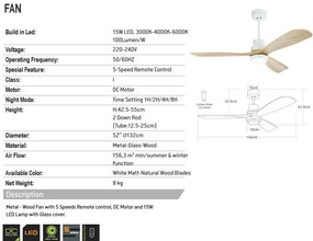 Lustra LED cu Ventilator si telecomanda Kai alb/lemn natur