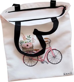 Sacosa de Panza pentru Cumparaturi, Geanta Tote, model Spring on Two Wheels, Cu fermoar, 38x34.5 cm, Alba, BEKZ®