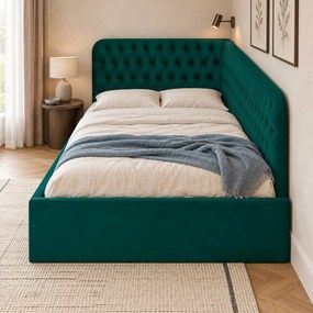 Pat tapițat pentru copii din catifea Elyra 140×200 cm, verde, colț dreapta, cu ladă de depozitare
