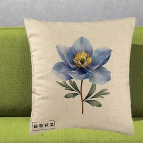 Perna Decorativa Anemona Albastra Botanica, 40x40 cm, Bej, Husa Detasabila, Perna Inclusa, BEKZ®