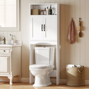 HOMCOM Dulap peste WC Mobilier de baie cu 2 uși cu închidere silențioasă Raft deschis 64x21x173,5 cm Alb | Aosom Romania