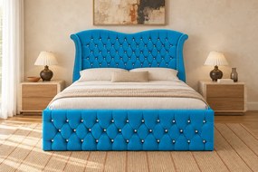 Pat tapițat Chesterfield Avella 160×200 cm, albastru deschis, cu ladă de depozitare