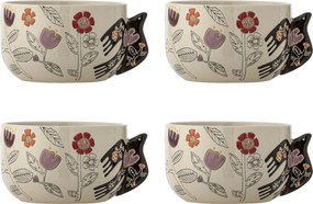 Set 4 boluri din ceramică artizanală, natur, pictate manual cu motive florale și pasăre, 13x8 cm, „Vivielle"