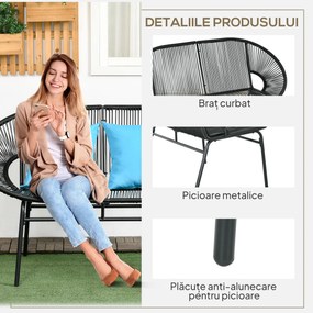 Outsunny Bancă de grădină cu 2 locuri din metal și sfoară din rășină cu 2 perne - dim. 132L x 72l x 83Î cm - negru | Aosom Romania