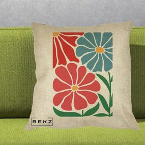 Perna Decorativa Flori Grafice Rosu-Albastru, 40x40 cm, Crem, Husa Detasabila, Perna Inclusa, BEKZ®