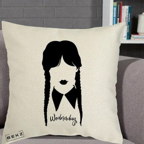 Perna Personalizata Wednesday Addams Silueta Alb-Negru, 40x40 cm, Ecru, Husa Detasabila, Perna Inclusa, BEKZ®