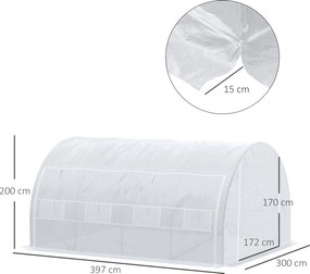 Outsunny Seră cu Tunel cu Ușă, Panouri și 8 Ferestre Rulabile, în Oțel Zincat și PE, 3.97x3x2 m, Alb | Aosom Romania