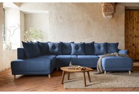 Colțar albastru închis extensibil cu tapițerie din catifea reiată (colț stânga/în formă de "U") Lazy Lukka – Miuform