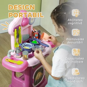 AIYAPLAY Bucătărie Jucărie pentru Copii 3-6 Ani cu 38 Accesorii, Sunete Realiste și Lumină la Cuptor, 51x21x60 cm, Roz | Aosom Romania