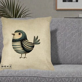 Perna Decorativa Pasare Teal Decorativa Dungata, 40x40 cm, Crem, Husa Detasabila, Perna Inclusa, BEKZ®